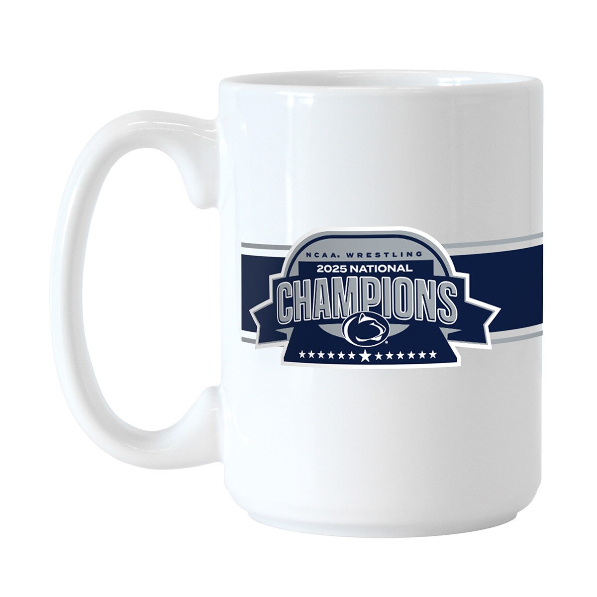 white mug with NCAA Wrestling 2025 National Champions Penn State